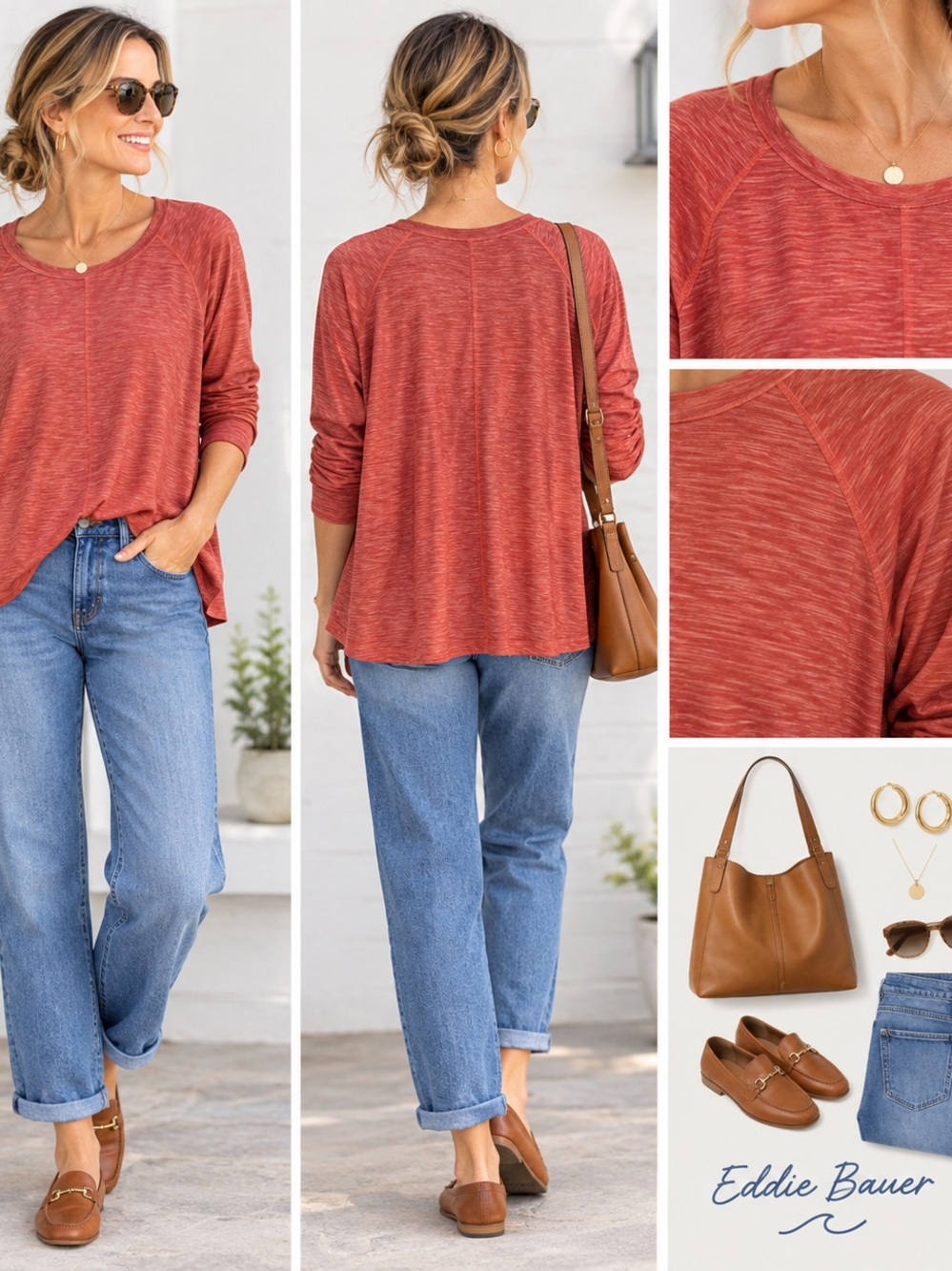 Eddie Bauer Heathered Rust Long-Sleeve Scoop Neck Tee